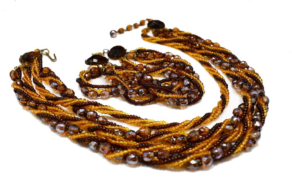 Vintage Czech Topaz Glass Multi Strand Necklace Bracelet Set